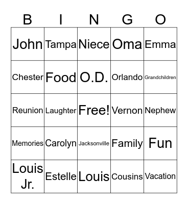 Jackson Family Reunion 2019 Bingo Card