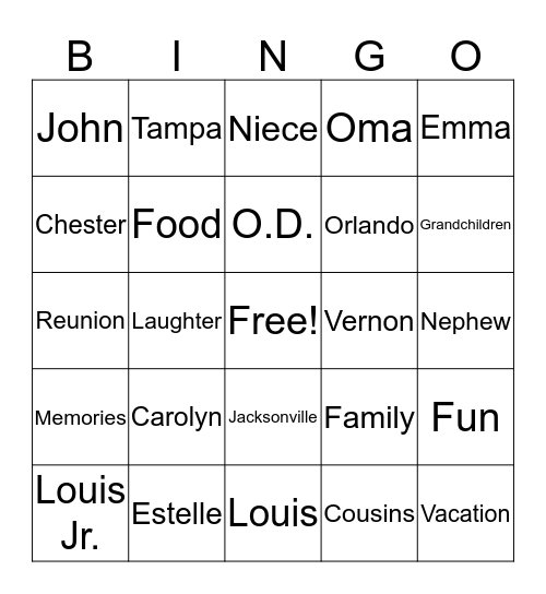 Jackson Family Reunion 2019 Bingo Card