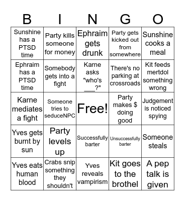 Lindsy's prediction Bingo Card