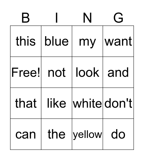 sight words Bingo Card