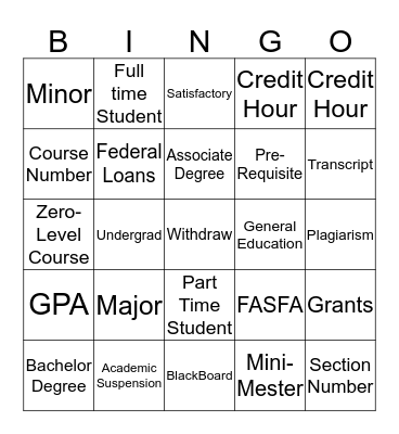 College Lingo Bingo Card