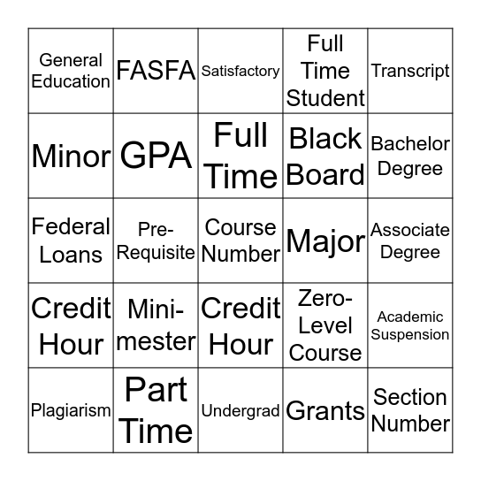 College lingo Bingo Card