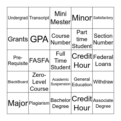 College Lingo Bingo Card