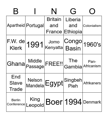 African History Review  Bingo Card