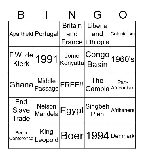 African History Review  Bingo Card