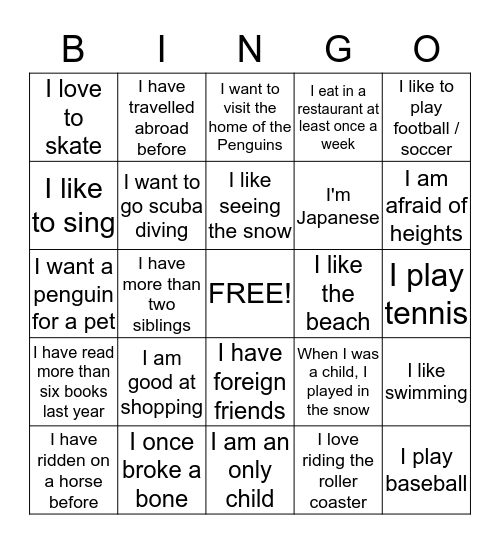 Getting To Know You.  Bingo Card