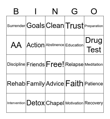 Substance Abuse Bingo Card