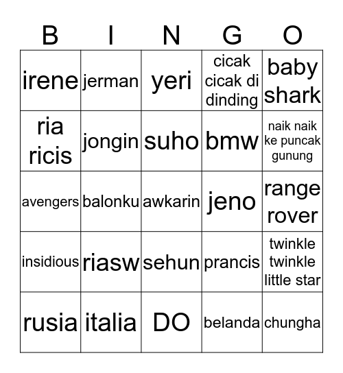 irene cantik. Bingo Card