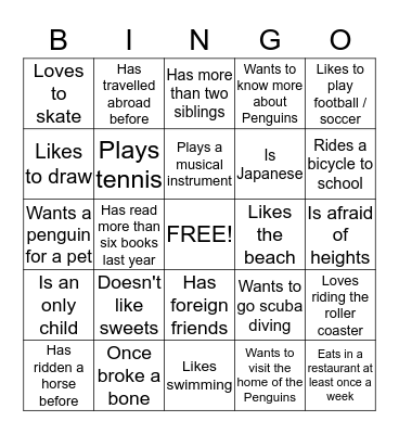 Getting To Know You.  Bingo Card