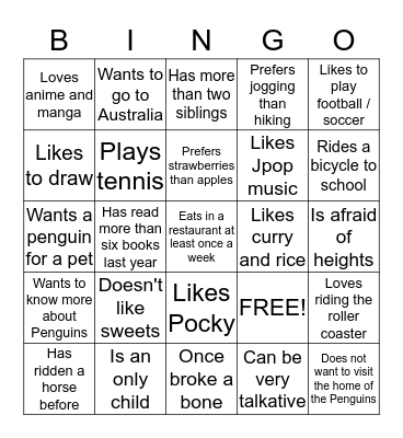 Getting To Know You.  Bingo Card