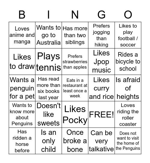 Getting To Know You.  Bingo Card