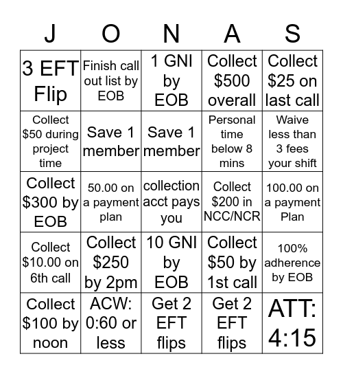 Jonas Bingo Card
