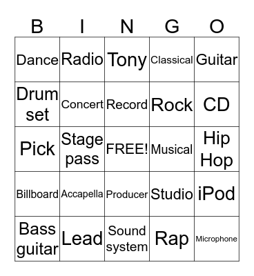 Popular Music Bingo Card