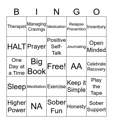 Recovery Bingo Card