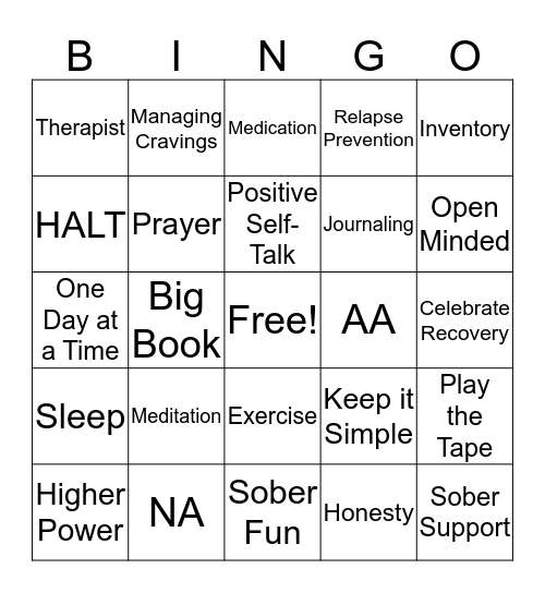 Recovery Bingo Card