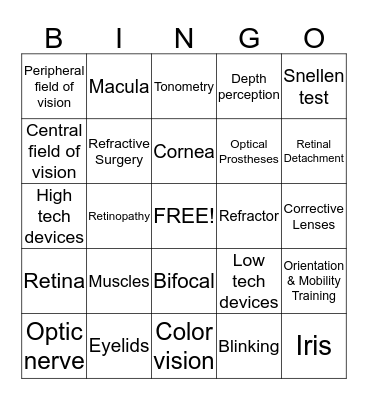 Eye and Blindness Conditions Bingo Card