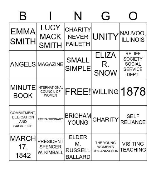 RELIEF SOCIETY Bingo Card