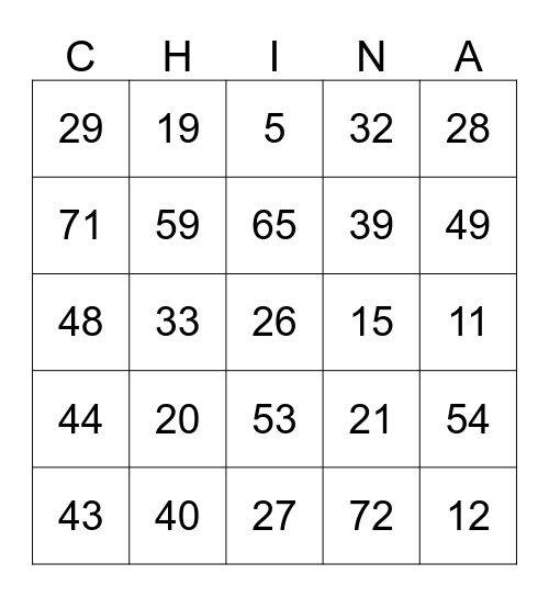 China Bingo Card