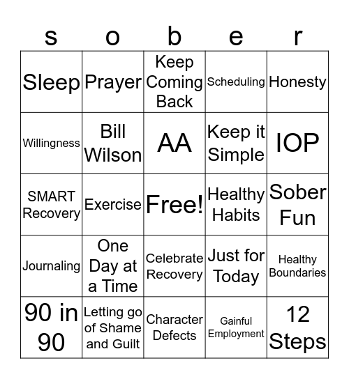 Recovery Bingo Card