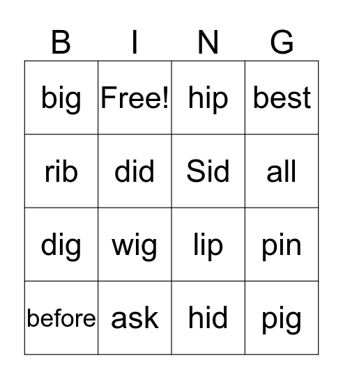Short i Bingo Card