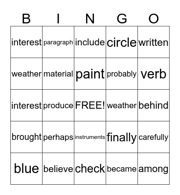 Fifth/Sixth Grade Bingo Card
