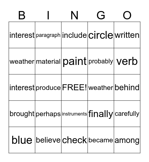 Fifth/Sixth Grade Bingo Card
