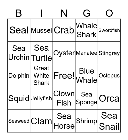 Marine Life Bingo Card