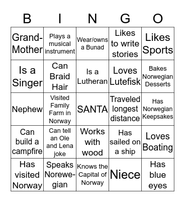 Leraas Family Reunion 2019 Bingo Card