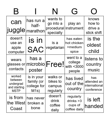 Name:__________ College: _____ Bingo Card