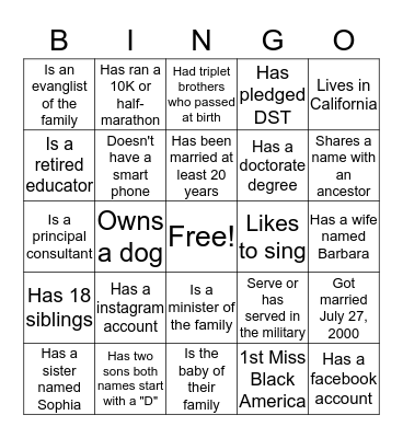 Walker Holmes Reunion Bingo Card