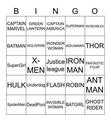 Justice League Bingo Card