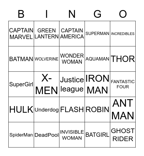 Justice League Bingo Card