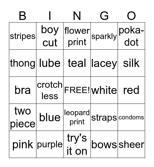 Katie's Lingerie  Bingo Card