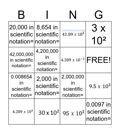 Scientific Notation & Standard Form Bingo Card