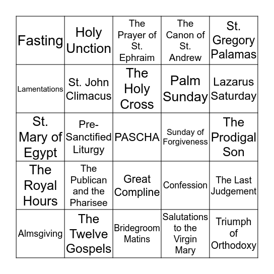 Great Lent BINGO Card