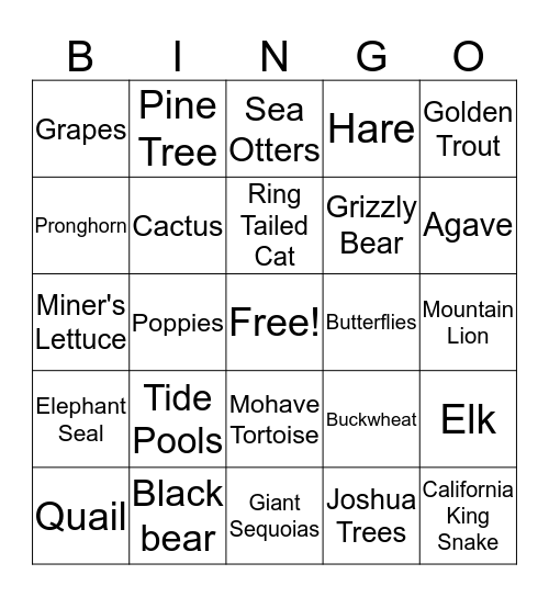 California Species Bingo Card