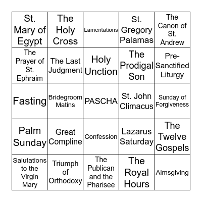 Great Lent BINGO Card