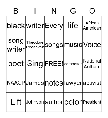 James Weldon Johnson Bingo Card