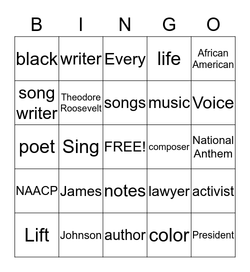 James Weldon Johnson Bingo Card