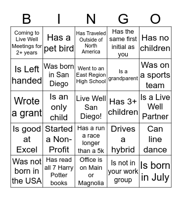 Live Well San Diego East Region Leadership Team Bingo Card