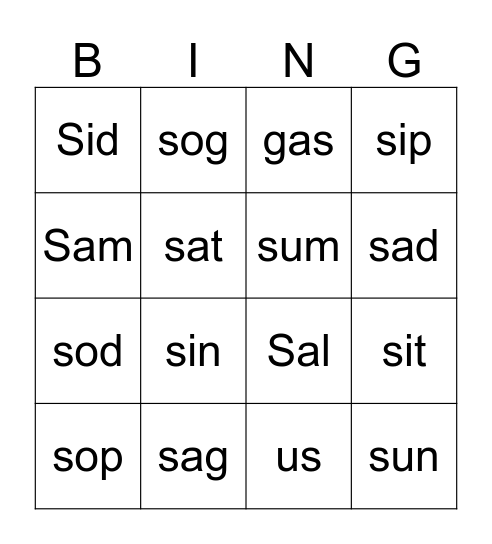S Words Bingo Card