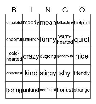 Personalities Bingo Card