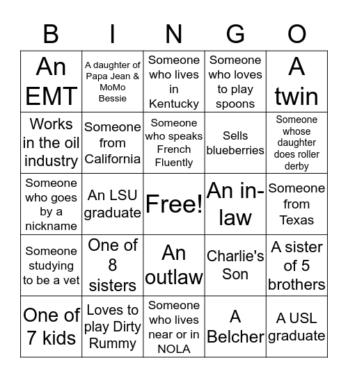 Barousse Family Bingo Card