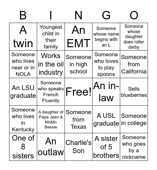 Barousse Family Bingo Card
