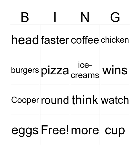 Food Fight Bingo Card