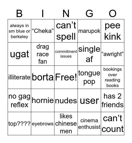 Nonot or No Nut Bingo Card