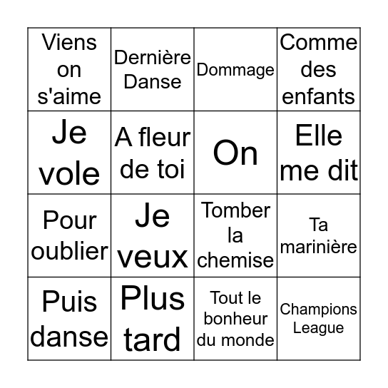 Bingo Franse chansons Bingo Card