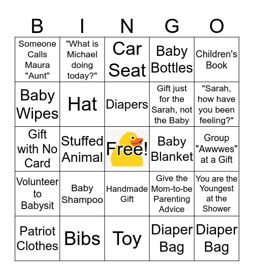 Sarah's Baby Shower Bingo Card