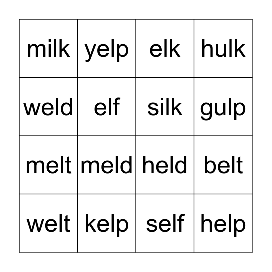 Ending "L" Blends Bingo Card