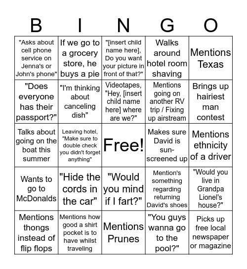 Dad Alaska 2019 Bingo Card